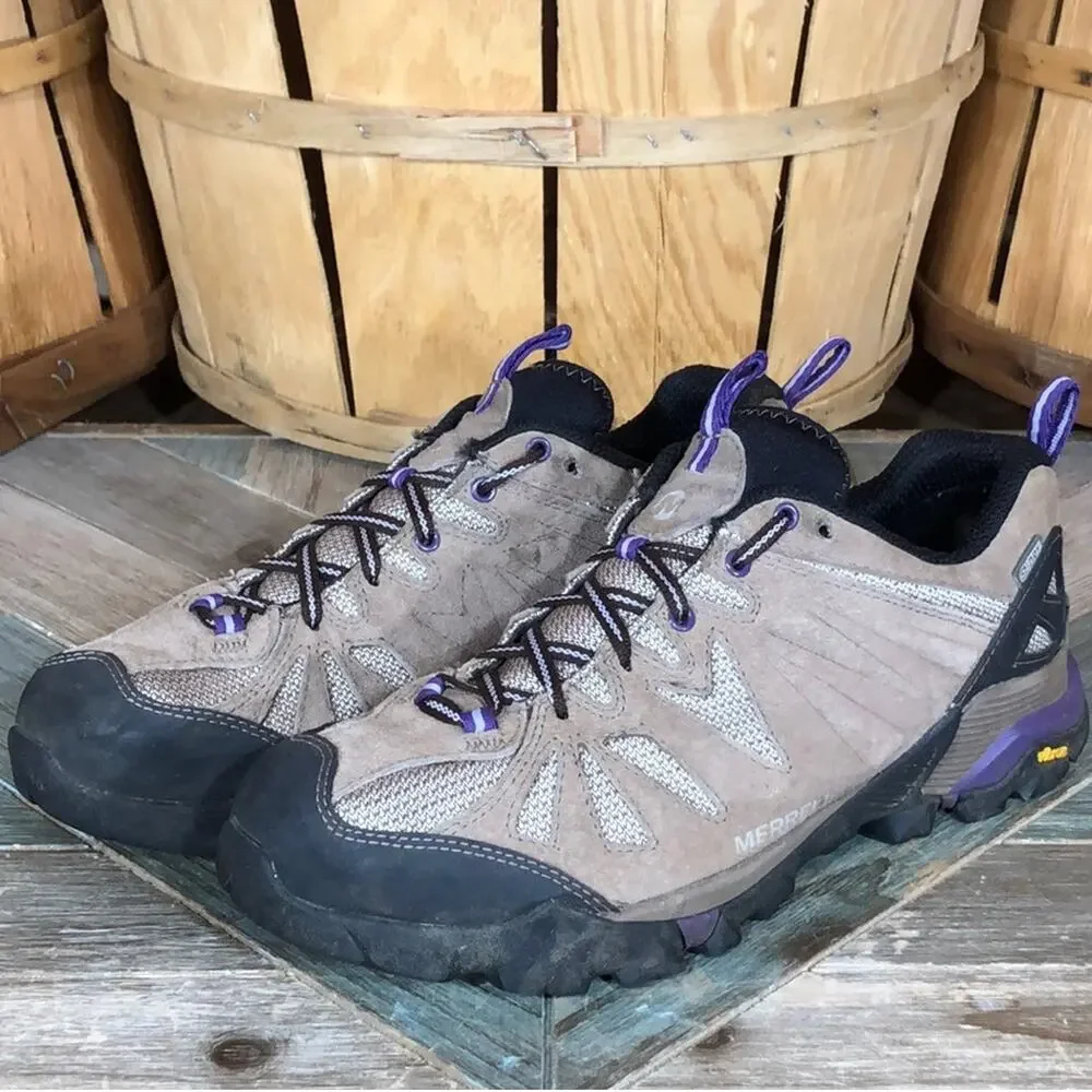 Merrell Capra Low Tan Suede Purple Waterproof Vibram Hiking Shoes Women Size 9.5